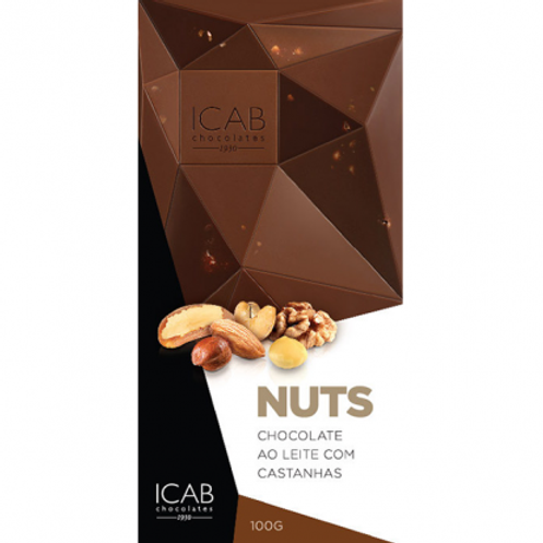 Tablete Nuts da ICAB, chocolate ao leite com castanhas, feito à mão em Curitiba